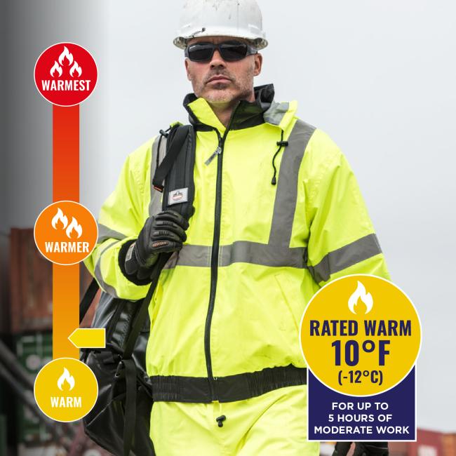 Jacket is rated warm to 10 degrees fahrenheit or -12 degrees celsius.