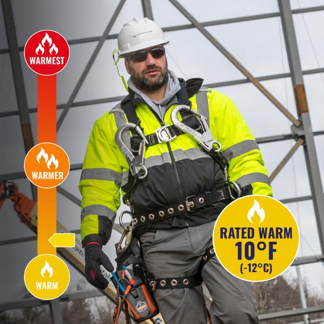 Jacket is rated warm to 10 degrees fahrenheit or -12 degrees celsius.