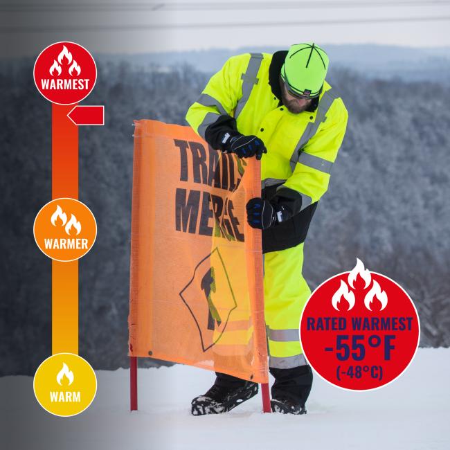 Jacket is rated warmest to -55 degrees fahrenheit or -48 degrees celsius.