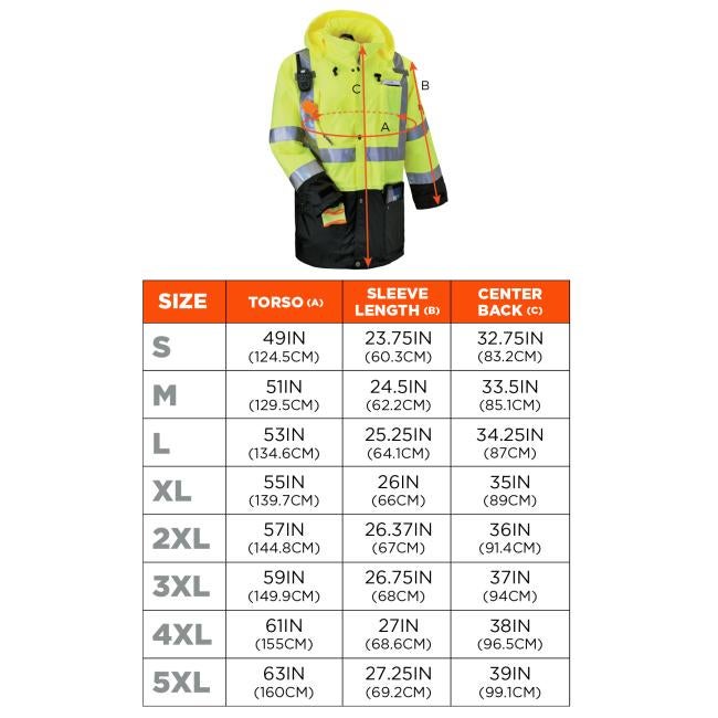 Size chart: Small S Torso 49IN 124.5CM Sleeve Length 23.75IN 60.3CM Center Back 32.75IN 83.2CM. Medium M Torso 51IN 129.5CM Sleeve Length 24.5IN 62.2CM Center Back 33.5IN 85.1CM. Large L Torso 53IN 134.6CM Sleeve Length 25.25IN 64.1CM Center Back 34.25IN 87CM. Extra Large XL Torso 55IN 139.7CM Sleeve Length 26IN 66CM Center Back 35IN 89CM. 2X Large 2XL Torso 57IN 144.8CM Sleeve Length 26.37IN 67CM Center Back 36IN 91.4CM. 3X Large 3XL Torso 59IN 149.9CM Sleeve Length 26.75IN 68CM Center Back 37IN 94CM. 4X L