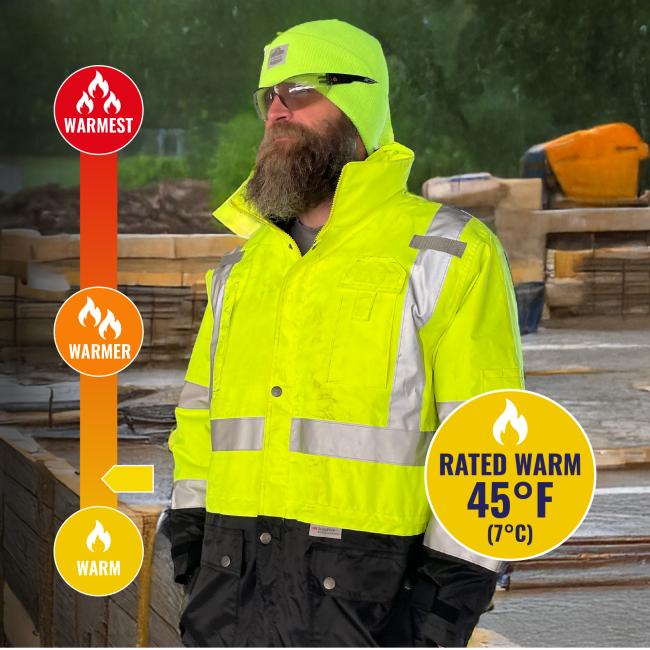 Jacket is rated warm to 45 degrees fahrenheit or 7 degrees celsius for up to 5 hours of moderate work .