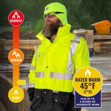 Jacket is rated warm to 45 degrees fahrenheit or 7 degrees celsius for up to 5 hours of moderate work .