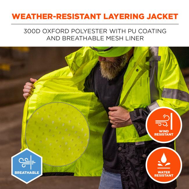 Weather-resistant layering jacket: 300D Oxford polyester with PU coating and breathable mesh liner. Breathable, wind resistant, water resistant.