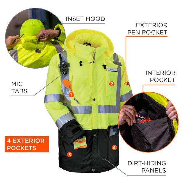 Inset hood. Mic tabs. Exterior pen pocket. 4 exterior pockets. Interior pocket. Dirt-hiding panels.