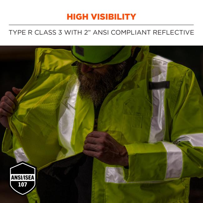 High visibility: type r class 3 with 2 inches ANSI/ISEA 107 compliant reflective.