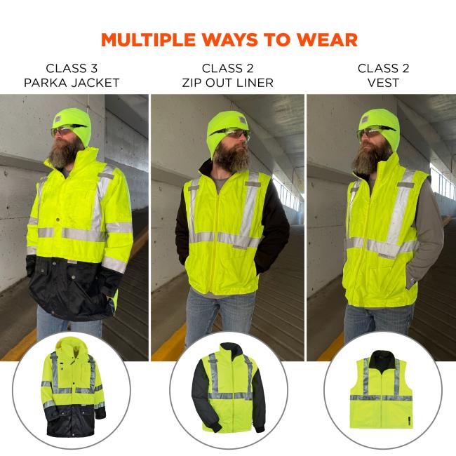 Multiple ways to wear. Class 3 parka jacket. Class 2 zip out liner. Class 2 vest .