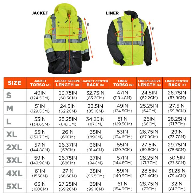 Size chart: Small S Jacket Torso 49IN 124.5CM Jacket Sleeve Length 23.75IN 60.3CM Jacket Center Back 32.75IN 83.2CM Liner Torso 47IN 119.4CM Liner Sleeve Length 24.5IN 62.2CM Liner Center Back 26.75IN 67.9CM. Medium M Jacket Torso 51IN 129.5CM Jacket Sleeve Length 24.5IN 62.2CM Jacket Center Back 33.5IN 85.1CM Liner Torso 49IN 124.5CM Liner Sleeve Length 25.25IN 64CM Liner Center Back 27.5IN 69.8CM. Large L Jacket Torso 53IN 134.6CM Jacket Sleeve Length 25.25IN 64.1CM Jacket Center Back 34.25IN 87CM Liner T