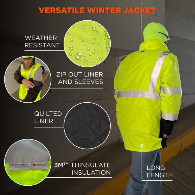 Versatile winter jacket. Weather resistant. Zip out liner and sleeves. Quilted liner. 3M Thinsulate insulation. Long length .