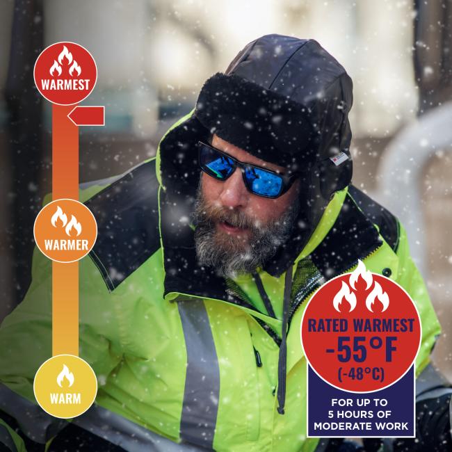 Jacket is rated warmest to -55 degrees fahrenheit or -48 degrees celsius.