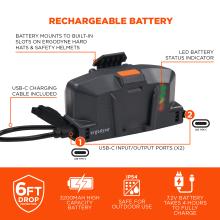 Rechargeable Battery: This 3200mAh high-capacity battery mounts to built-in slots on Ergodyne hard hats and safety helmets. It includes two USB-C input/output ports, a USB-C charging cable, and an LED battery status indicator. The IP54-rated battery is safe for outdoor use, offers 6-foot drop protection, and takes 4 hours to fully charge at 7.2V.