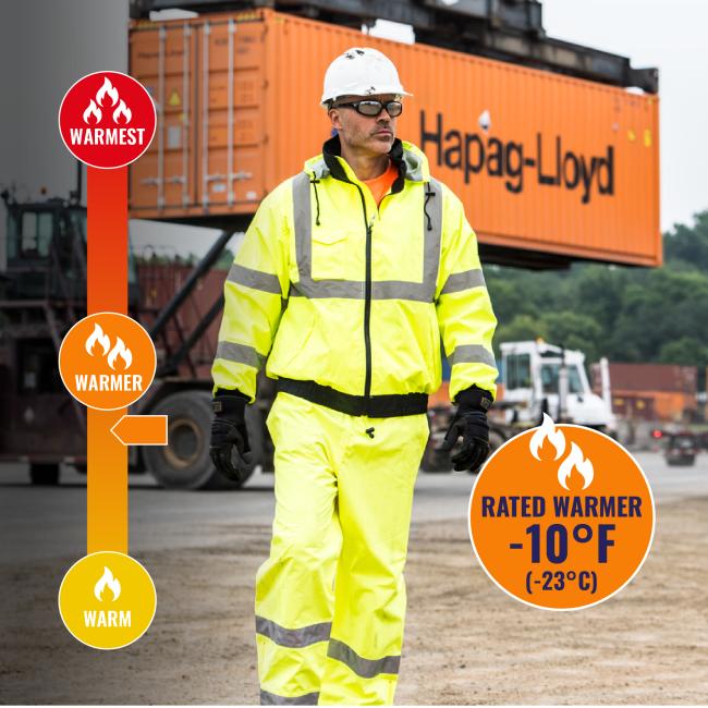 Jacket is rated warmer to -10 degrees fahrenheit or -23 degrees celsius.