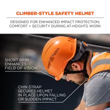 Climber-style safety helmet: designed for enhanced impact protection, comfort and security during at-heights work. Short brim enhances field of vision, chin strap secures helmet in place upon falling or sudden impact.