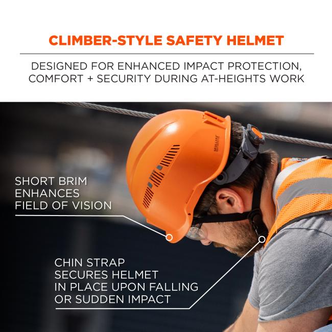 Climber-style safety helmet: designed for enhanced impact protection, comfort and security during at-heights work. Short brim enhances field of vision, chin strap secures helmet in place upon falling or sudden impact.