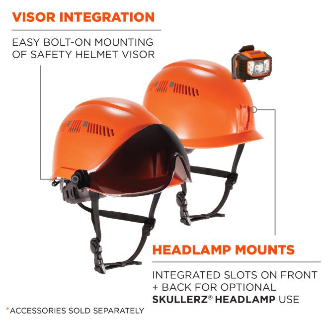 Visor integration: easy bolt-on mounting of safety visor. Integrated slots on front and back for optional skullerz headlamp use. Accessories sold separately.