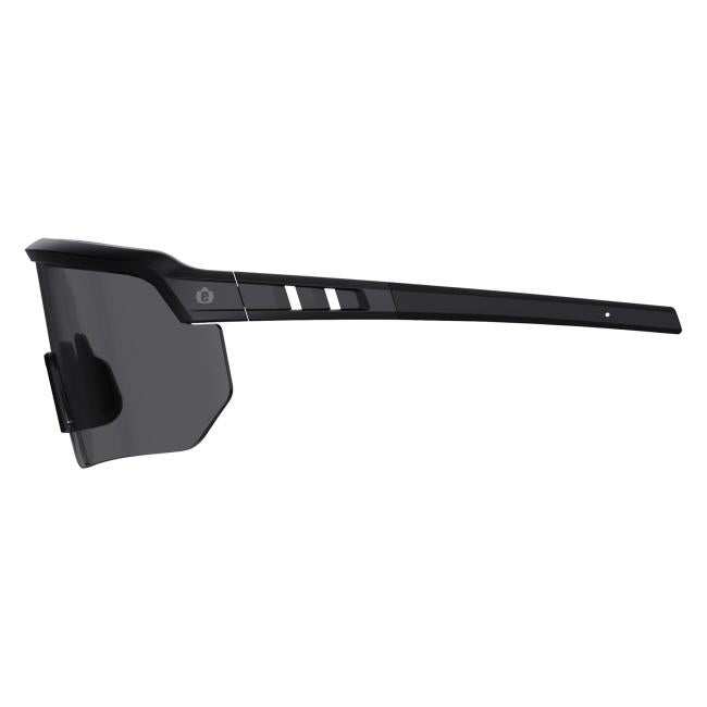Left profile view of black frame smoke lens high contrast safety glasses