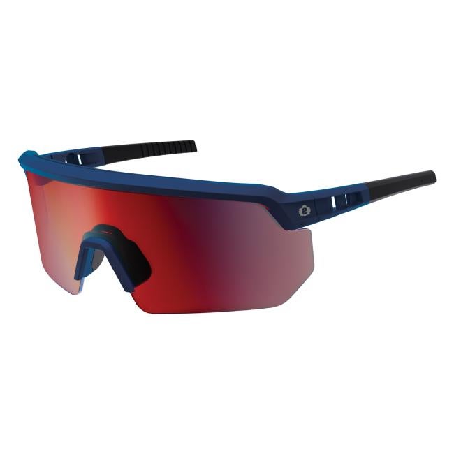 3q view of ice blue frame red lens high contrast safety glasses