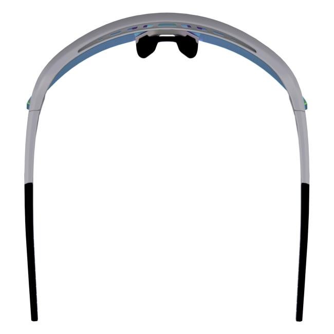 Overhead view of matte gray frame ice blue lens high contrast safety glasses