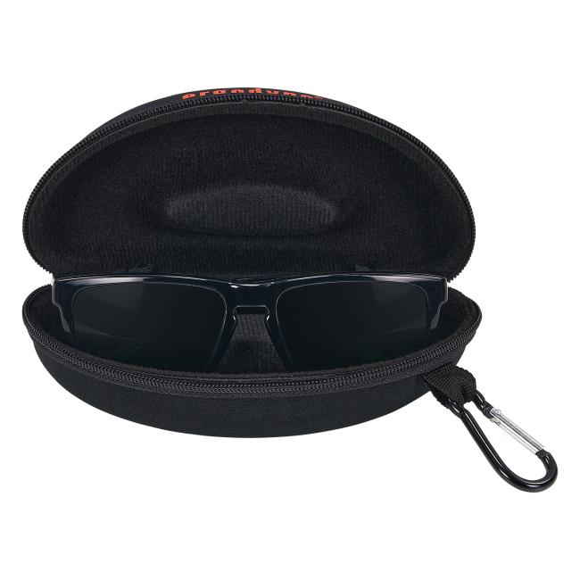 Polarized smoke lens safety glasses with side shields in a protective hard case