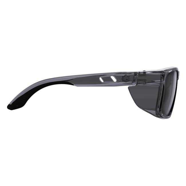 Right profile view of smoke sixten safety glasses