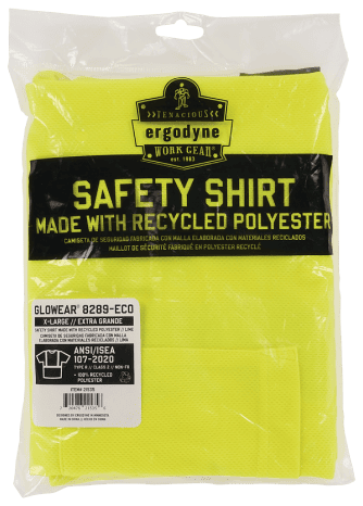 Packaged Ergodyne GloWear 8289-ECO high-visibility safety shirt in lime, labeled as made from 100% recycled polyester and compliant with ANSI/ISEA 107 Type R Class 2 standards.