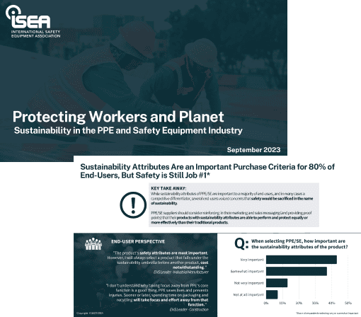 Screenshot from ISEA's 2023 Sustainability Report showing survey results that sustainability influences PPE purchasing decisions for many end users, though safety remains the top priority. Includes a quote emphasizing preference for more sustainable products when safety performance is equal and a bar chart illustrating the importance of sustainability attributes in PPE selection