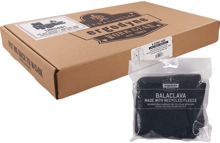Ergodyne-branded shipping box next to a packaged black balaclava labeled as made with recycled fleece, featuring product branding and packaging information.